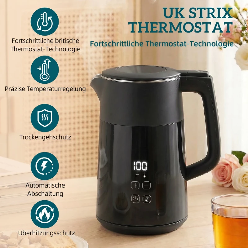 HOMCOM Elektrischer Wasserkocher, 1,7L, Schnellkochend, 2200W, mit LED-Display, Warmhaltefunktion, Trockenkochschutz, PTFE-frei