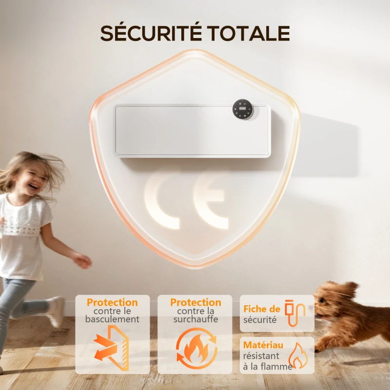 HOMCOM Chauffage mural en céramique 1000/2000W, radiateur électrique, ventilateur, thermostat, minuterie, 54x18,7x12,3cm, blanc