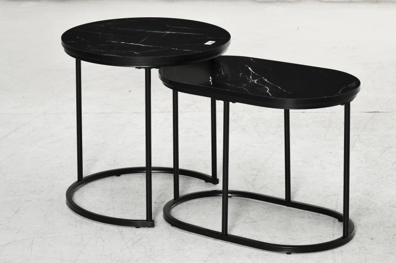 HOMCOM Lot de 2 tables basses tables d'appoint gigognes en acier et plateau MDF aspect marbre - table ronde et ovale - noir