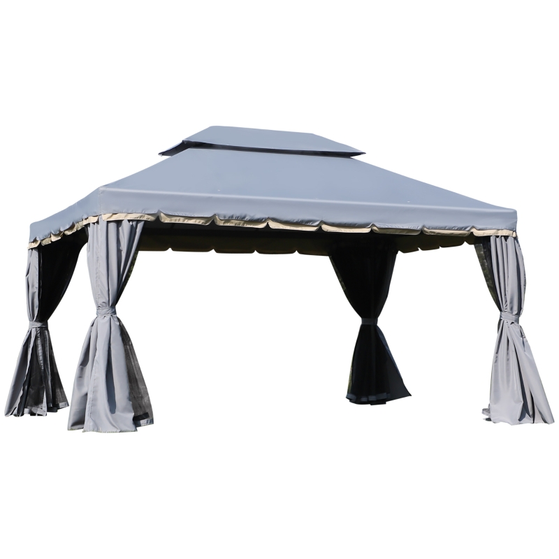 Outsunny Cenador de Jardín 4x3m Pabellón de Jardín Gazebo con Doble Techo Estructura de Aluminio UPF50+ para Exterior Gris