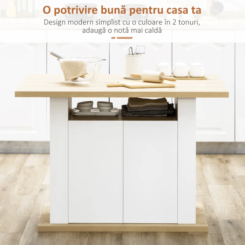 HOMCOM Insulă de Bucătărie pentru 4-6 Persoane cu Dulapuri și Rafturi Deschise, din PAL, 110x70x75,5 cm, Alb și Lemn Natural