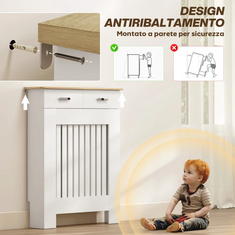 HOMCOM Copritermosifone a Doghe Antiribaltamento con Cassetto, in Legno, 78x19x97 cm, Bianco