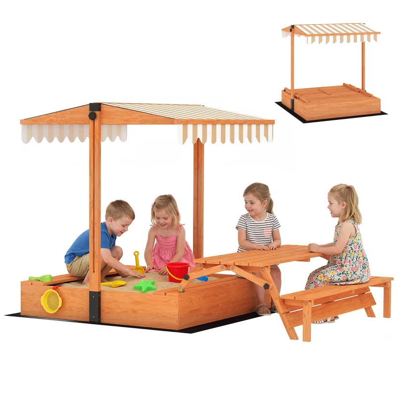 AIYAPLAY Kids Sand Pit with Lid, Wooden Sandpit with Canopy, Foldable Picnic Table, Bench Seats, Bottom Liner for Patio Garden