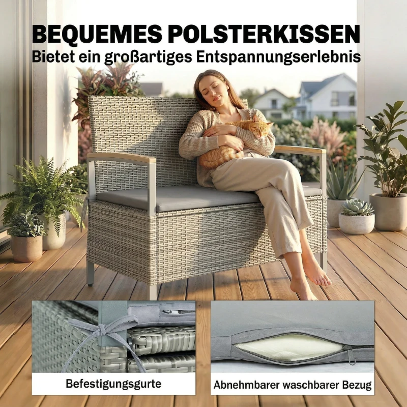 Outsunny Gartenbank Polyrattan 170L 2-Sitzer Sitzbank mit Stauraum abnehmbar Kissen Reißverschluss-Innenauskleidung Holz-Armlehne