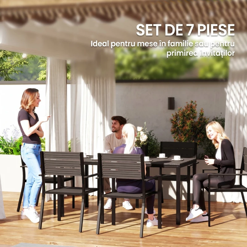 Outsunny Set de Grădină cu Masă de Dining Dreptunghiulară și 6 Scaune Stivuibile cu Mânere, Maro