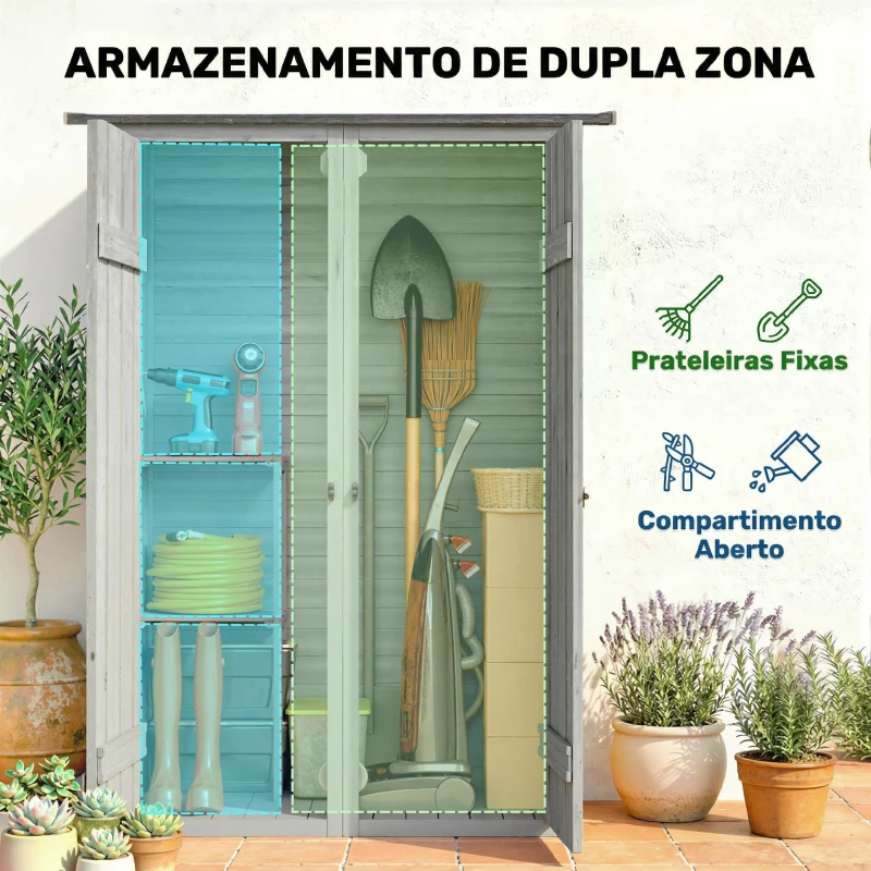 Outsunny Abrigo de Jardim de Madeira 115x53x156 cm Armário Exterior para Ferramentas com Portas Duplas Cinza