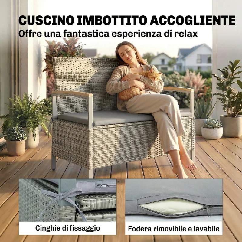 Outsunny Panca Giardino 170L, 2 Posti Rattan con Cuscino, Grigio Chiaro