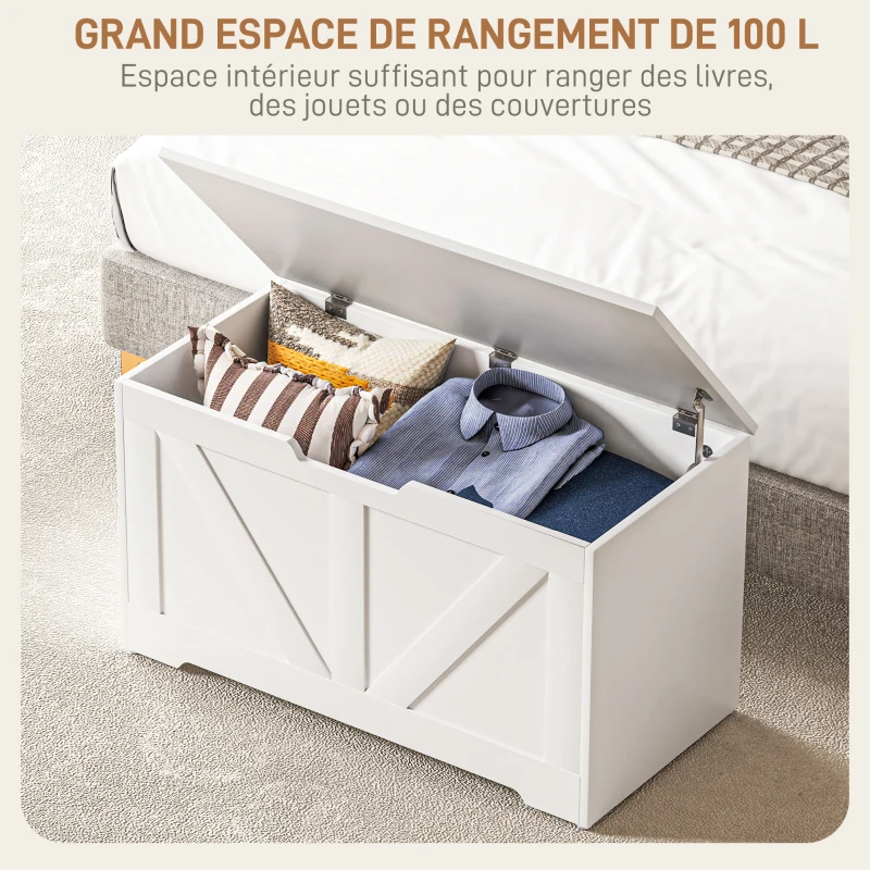 HOMCOM Coffre de rangement, banc de rangement avec couvercle rabattable et charnières de sécurité, 80 x 40 x 45 cm, blanc
