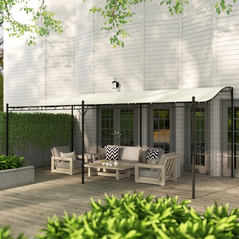 Outsunny Pérgola de Pared 3x6 m con Techo Inclinado Orificios de Drenaje y Estructura Metálica Blanco Crema