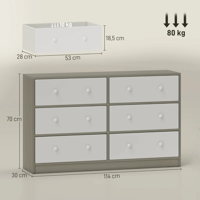HOMCOM Cómoda com 6 Gavetas de Tecido Cómoda para Quarto Estrutura de Aço e MDF 114x30x70 cm Branco e Cinza