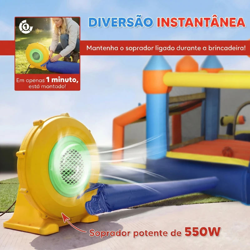 AIYAPLAY Castelo Insuflável Aquático 8 em 1 com Soprador de 550W Escorrega Trampolim Escalada Piscina Baliza Cesto de Basquetebol e Jogo de Lançamento