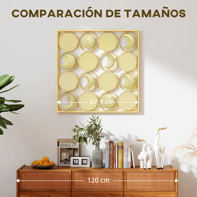 HOMCOM Decoración de Metal para Pared de Fases Lunares Multidireccional con 16 Discos Dorado