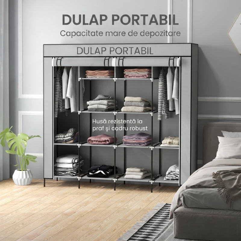 HOMCOM Dulap din Material Textil și Oțel cu 10 Compartimente, 4 Sertare și Uși cu Fermoar, Gri