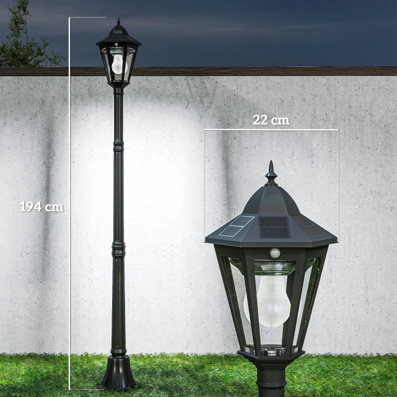 Outsunny 1.9M Garden Lamp Post Light, IP44 Outdoor LED Solar Powered Lantern Lamp with Aluminium Frame for Patio, Pathway and Walkway, Black