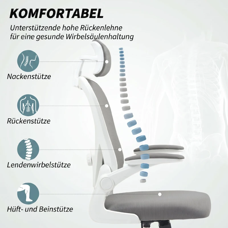 HOMCOM Bürostuhl Ergonomischer Schreibtischstuhl mit Hochklappbaren Armlehnen, Verstellbarer Lendenwirbelstütze Grau