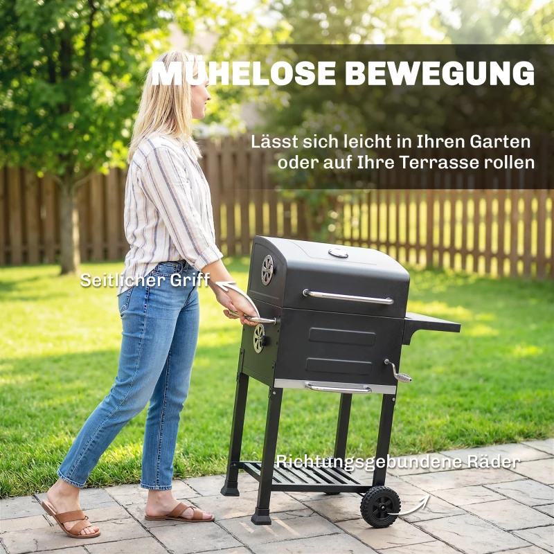 Outsunny Holzkohlegrill Kompakt Grillwagen mit Deckel Thermometer Grillrost Seitentisch Aschefach Lüftungsschlitzen