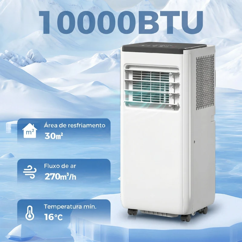 HOMCOM Ar Condicionado Portátil 10.000 BTU com WiFi Arrefecimento Desumidificador Ventoinha Temporizador Controlo Remoto e Ecrã LED para 30 m² 33x28x71 cm Branco