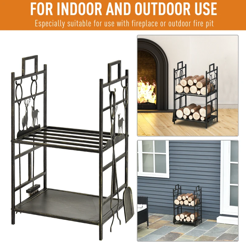Outsunny 2 Tier Metal Firewood Log Holder Rack Wood Storage Shelf with 4 Tools, Hooks, Elk Shape Design, Gold Tone