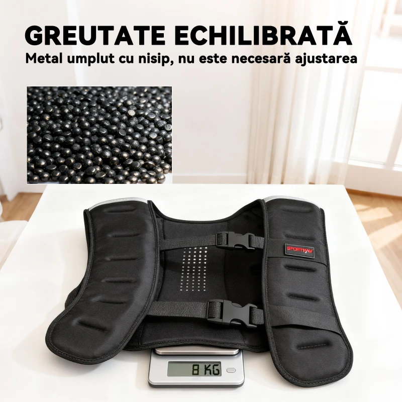 SPORTNOW Vestă cu Greutăți de 8 kg cu Curele Reglabile și Benzi Reflectorizante, din Neopren și Nisip, 43x33 cm, Negru