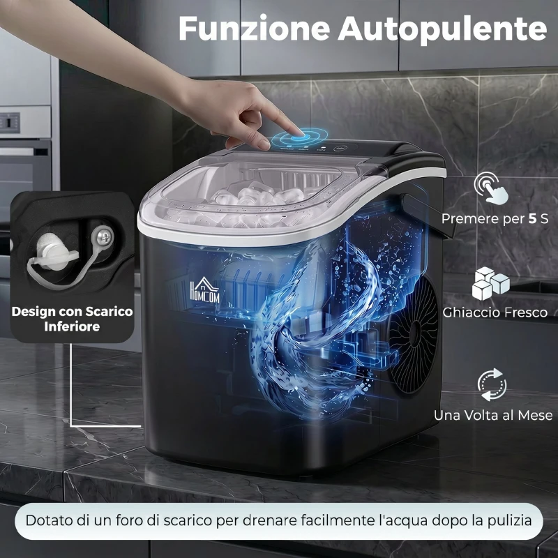 HOMCOM Macchina del Ghiaccio da 9 Cubetti in 6-12 Minuti con Cestello e Paletta Inclusi, 23.8x30.5x29 cm, Nero