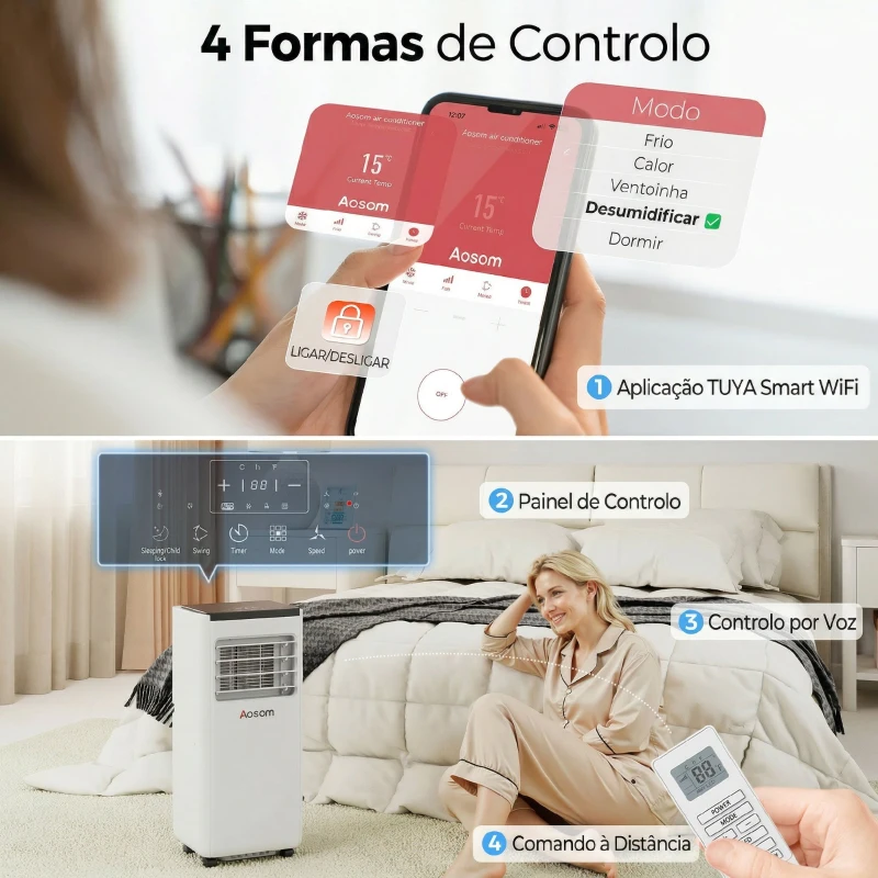HOMCOM Ar Condicionado Portátil 10.000 BTU com WiFi Arrefecimento Desumidificador Ventoinha Temporizador Controlo Remoto e Ecrã LED para 30 m² 33x28x71 cm Branco