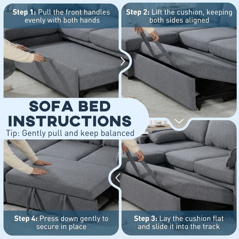 HOMCOM Corner Sofa Bed, L Shaped Sleeper Sectional Sofa with Reversible Storage Chaise, Grey