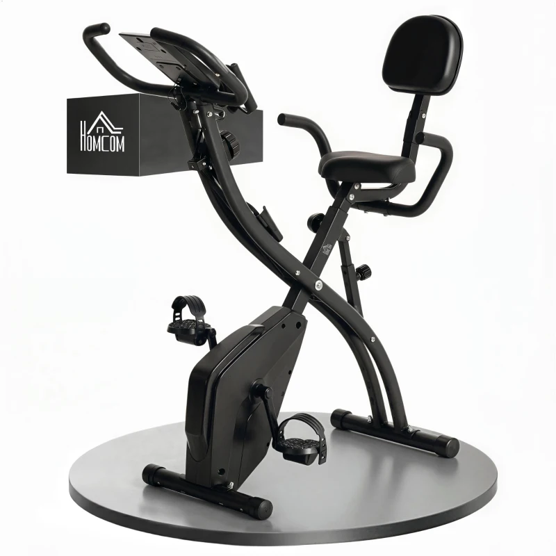 HOMCOM Cyclette Pieghevole 2 in 1, Resistenza Magnetica Regolabile 8 Livelli, Cyclette da Casa Silenziosa con Sensore Cardiaco, Sedile Regolabile, Bande Elastici, Schermo LCD, Ruote, Nero