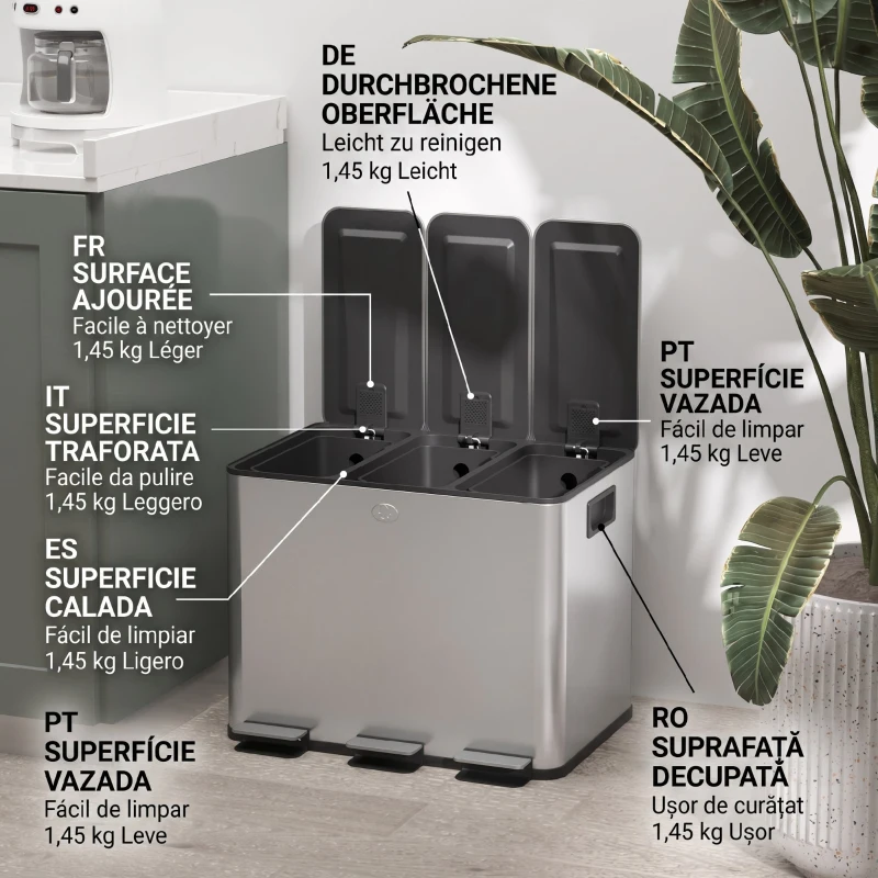 HOMCOM Coș de Gunoi cu 3 Compartimente de 20L cu Închidere Silențioasă, din Oțel Inoxidabil și PP, 61.9x36.6x56.7 cm