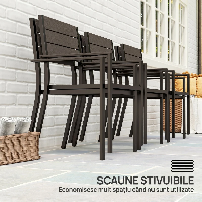 Outsunny Set de Grădină cu Masă de Dining Dreptunghiulară și 6 Scaune Stivuibile cu Mânere, Maro