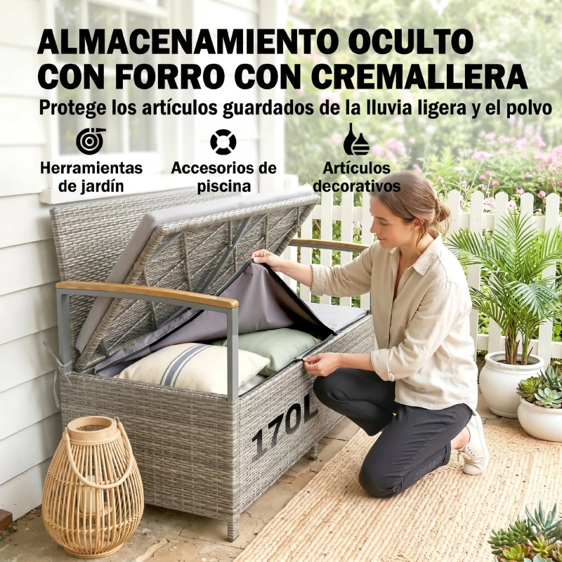 Outsunny Banco de Almacenamiento Exterior de Ratán 170 L con Cojín Lavable Respaldo Reposabrazos de Madera de Acacia Gris Claro