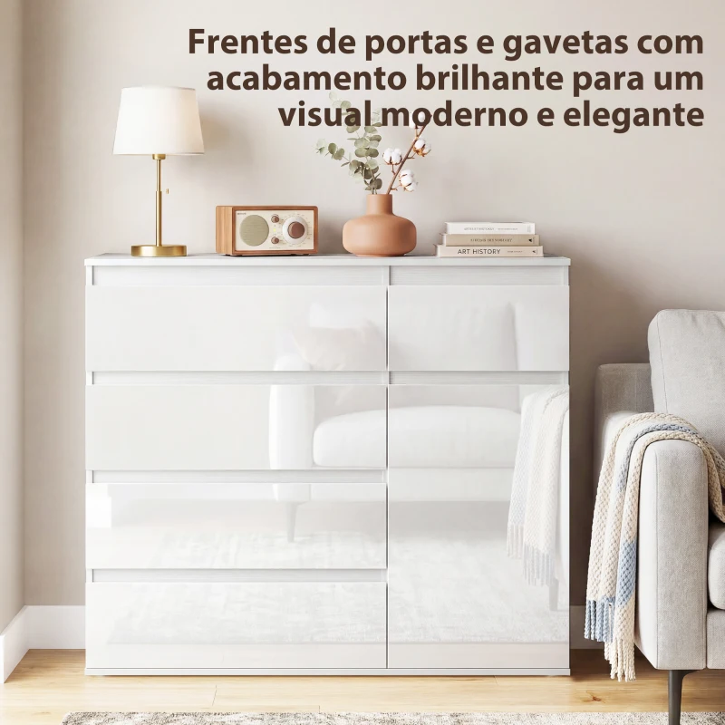 HOMCOM Aparador de Sala com 5 Gavetas Prateleiras Ajustáveis e Porta com Fecho Suave 100x40x80 cm Branco Brilhante