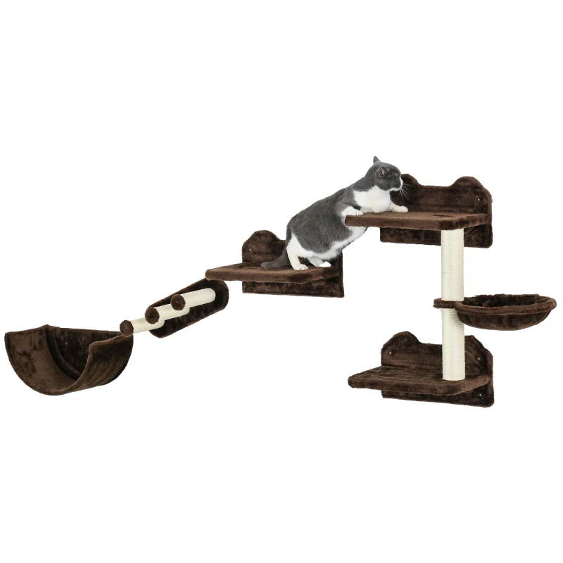 PawHut 4PCs Wall-Mounted Cat Shelves w/ Scratching Post, Hammock, Nest - Brown