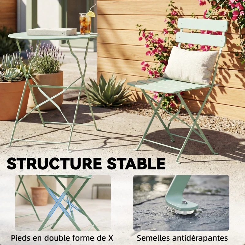 Outsunny Ensemble Bistrot de Jardin 3 Pièces Table et 2 Chaises Pliantes à Lattes Double Protection Antirouille Vert