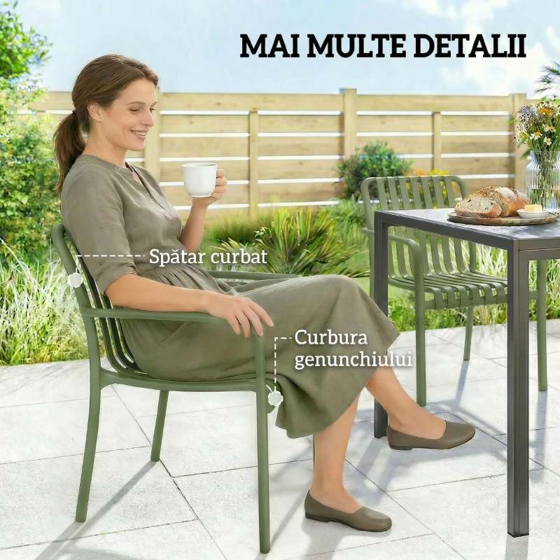 Outsunny Set 4 Scaune de Grădină Stivuibile din Plastic Anti-UV, Scaune pentru Prânz în Exterior cu Spătar Ergonomic cu Lamele și Mânere, pentru Terasă Balcon Grădină Exterior Interior, 55x58,5x81,5 cm, Verde
