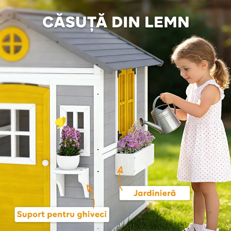 Outsunny Căsuță din Lemn pentru Copii 3-8 Ani, Căsuță de Grădină cu Ferestre, Acoperiș Înclinat, Ghivece și Jardiniere, Gri, Galben, Alb