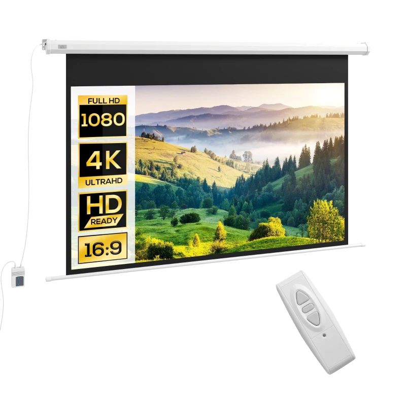 HOMCOM Ecran de Proiecție Motorizat 120" 16:9 cu Telecomandă, Montare pe Perete și Tavan, Alb