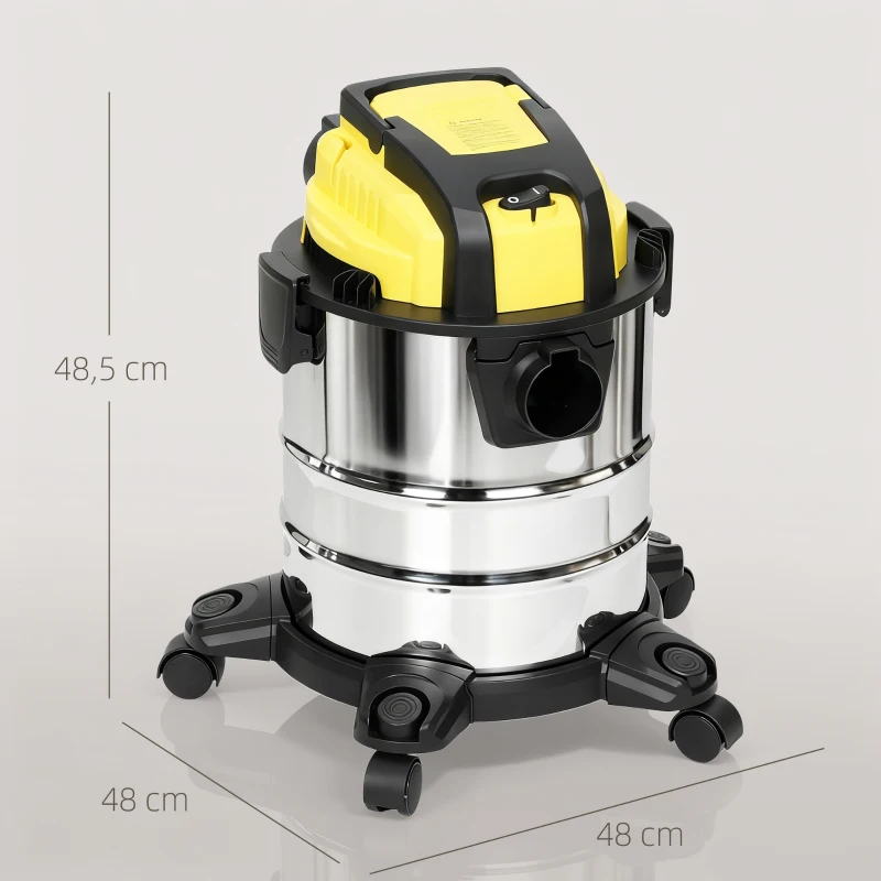 HOMCOM Aspirador en Seco y Húmedo 3 en 1 1200W con Función de Soplador Manguera 2 m Depósito Inoxidable 20L Amarillo
