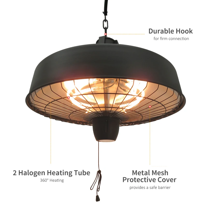 Outsunny Infrared Halogen Electric Patio Heater, 1000W/2500W Adjustable Power, Ceiling Hanging Mount, Black
