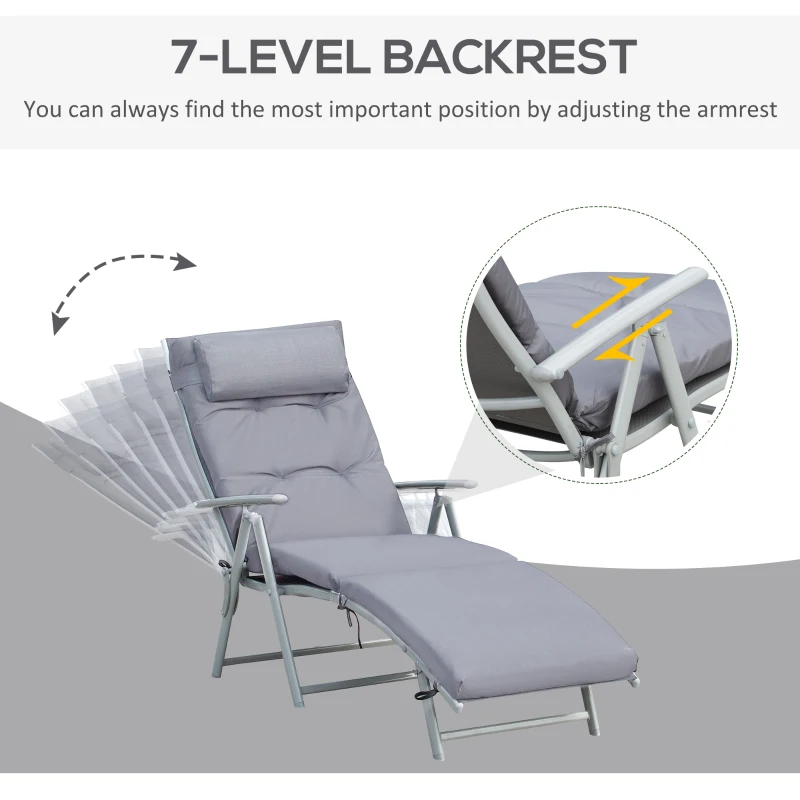 Outsunny Sun Lounger Metal Frame Outdoor Folding Chaise, Texteline Lounge Chair Recliner with Headrest and 7 Levels Adjustable Backrest, Grey