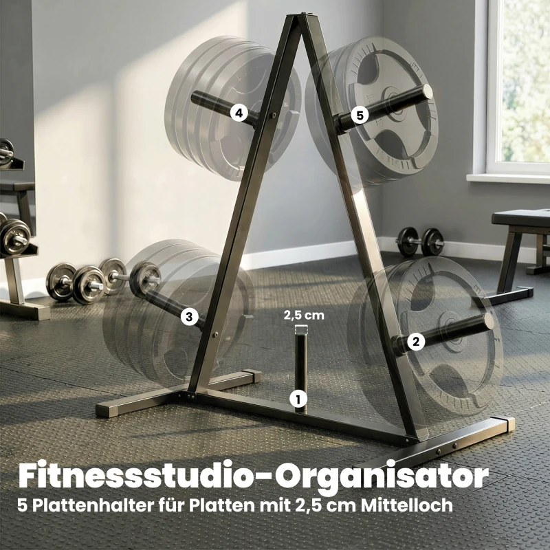 SPORTNOW Hantelscheibenständer mit 5 Stangen, Gewichtsständer mit 25 mm Scheibenaufnahme, bis 200 kg Belastbar, Stahl, Schwarz
