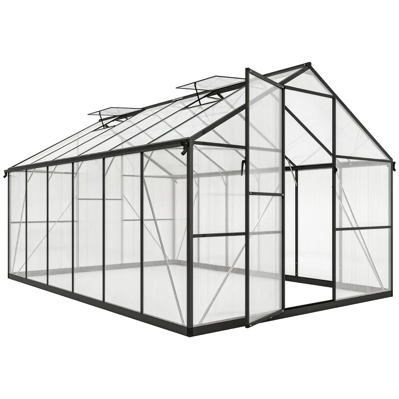 Outsunny Serre de jardin en aluminium polycarbonate, serre avec fenêtres supérieures réglables 363x247x205cm noir