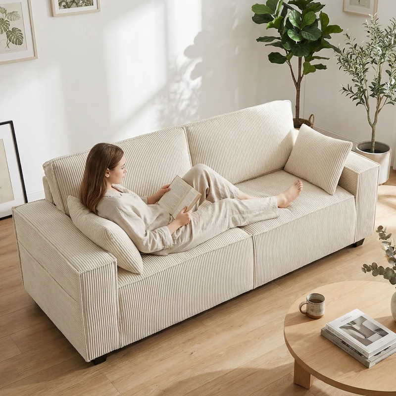 HOMCOM Canapé 3 places en velours côtelé 218 cm, canapé salon,  coussins à ressorts, larges accoudoirs, 2 coussins, beige