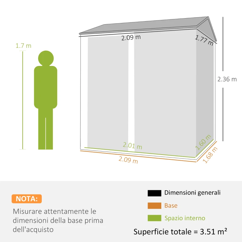 Outsunny Casetta da Giardino Alta in Acciaio da 3.51m² con Prese d'Aria e Porta Bloccabile, 209x177x236 cm, Argento