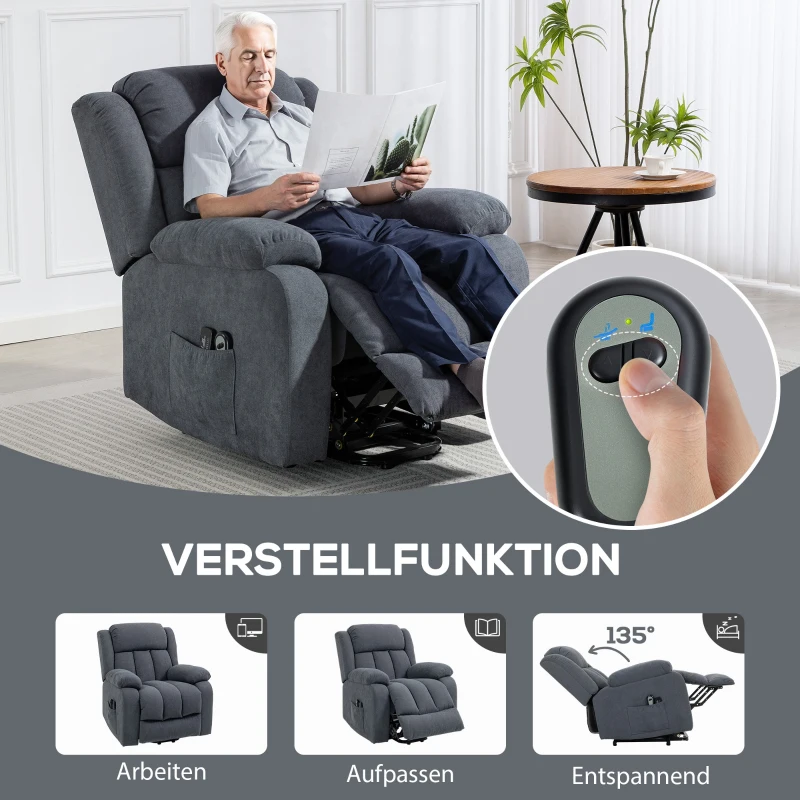 HOMCOM Fernsehsessel mit Aufstehhilfe Elektrisch Relaxsessel mit Liegefunktion, Massagefunktion, 93x91x103 cm, Dunkelgrau