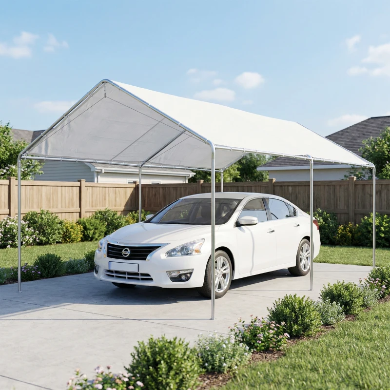 Outsunny Carpa Garaje para Coche 3x6 m Cochera Portátil Impermeable con Toldo de Tela PE y Marco de Acero Galvanizado Blanco