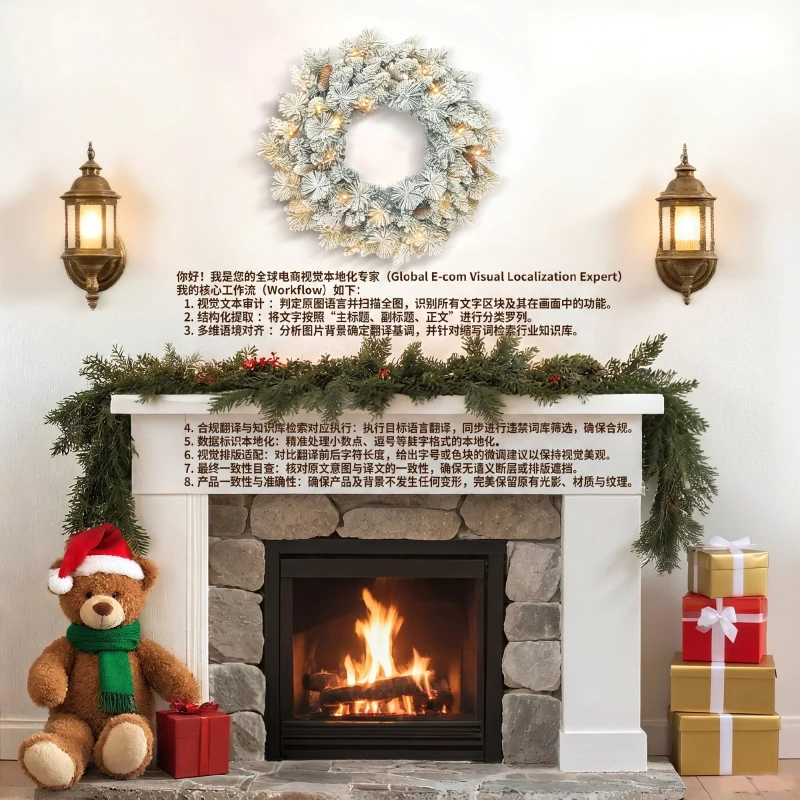 Ghirlanda de Crăciun HOMCOM de 60 cm cu Ramuri Înzäpezite, 35 Lumini LED cu Temporizator și Conuri Decorative