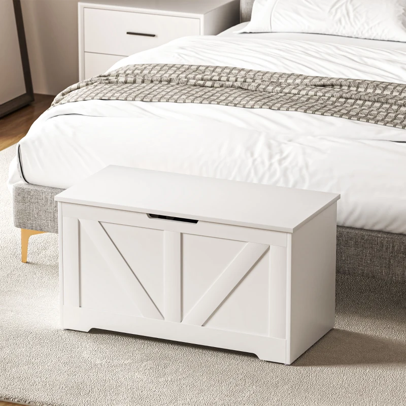 HOMCOM Coffre de rangement, banc de rangement avec couvercle rabattable et charnières de sécurité, 80 x 40 x 45 cm, blanc