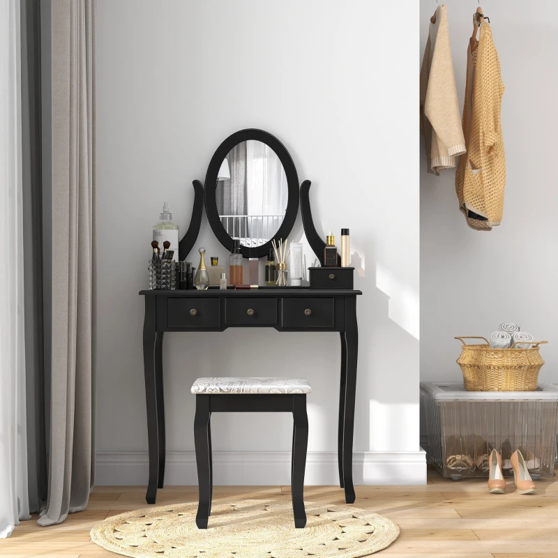 HOMCOM Schminktisch mit Hocker, Frisierkommode, Frisiertisch, Kosmetiktisch, Schwarz, 80 x 40 x 140 cm