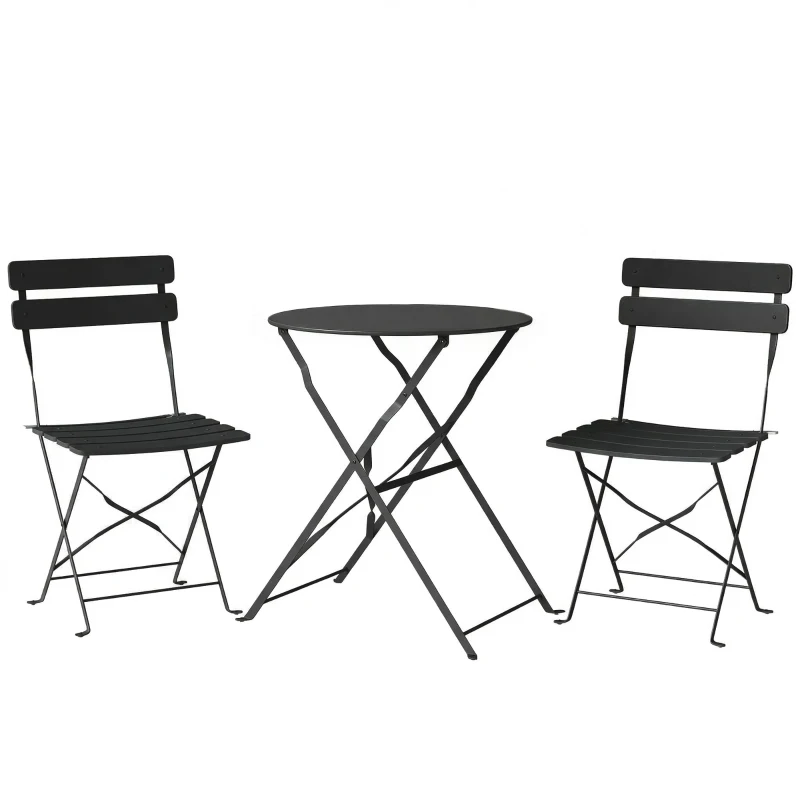 Outsunny Ensemble Bistrot de Jardin 3 Pièces Table et 2 Chaises Pliantes à Lattes Double Protection Antirouille Noir