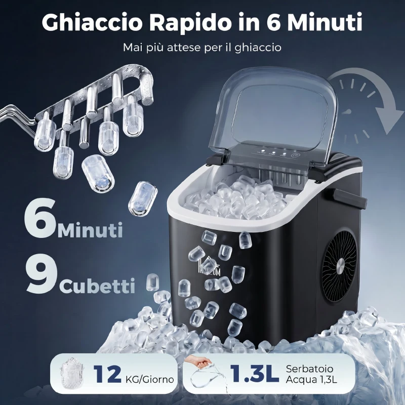 HOMCOM Macchina del Ghiaccio da 9 Cubetti in 6-12 Minuti con Cestello e Paletta Inclusi, 23.8x30.5x29 cm, Nero